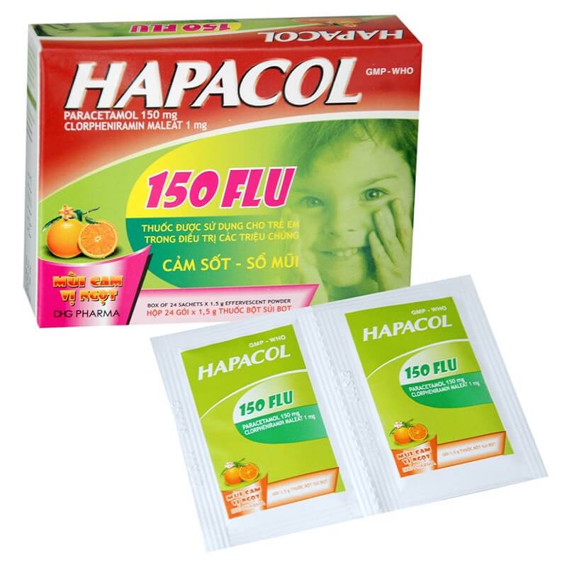 Hapacol 150 Flu - Điều trị: Cảm sốt, nghẹt mũi, sổ mũi